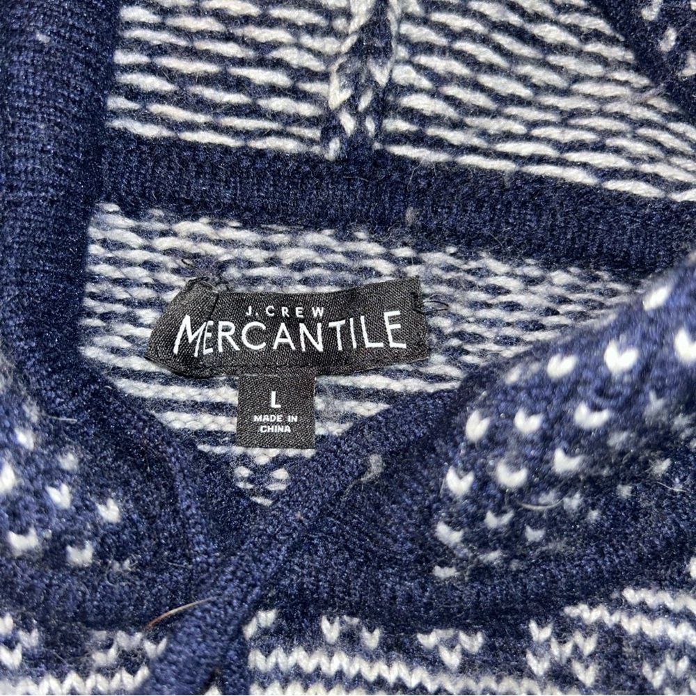 J.Crew Mercantile Lambswool blend Fair Isle Knit Hoodie Sweater Navy Blue Size L - Picture 5 of 8